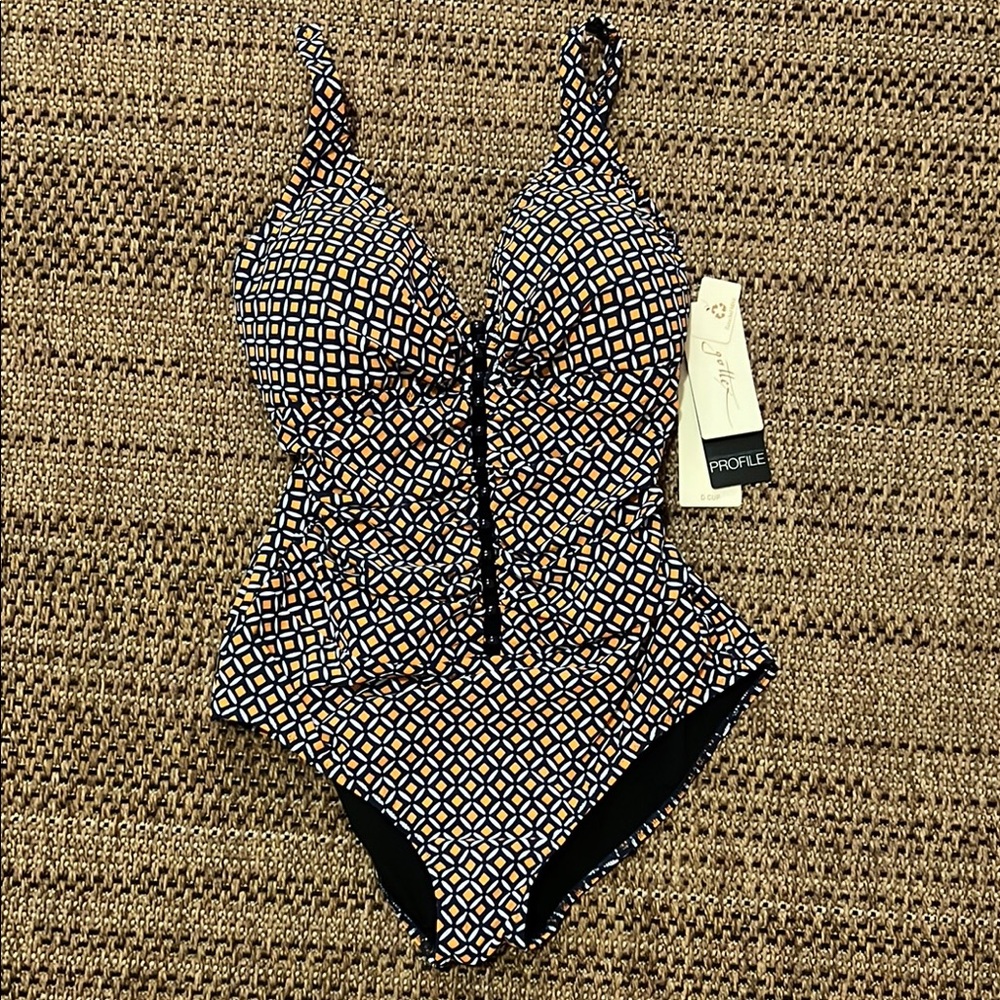 Profile By Gottex Black and Orange One Piece Swimsuit with V-Neck